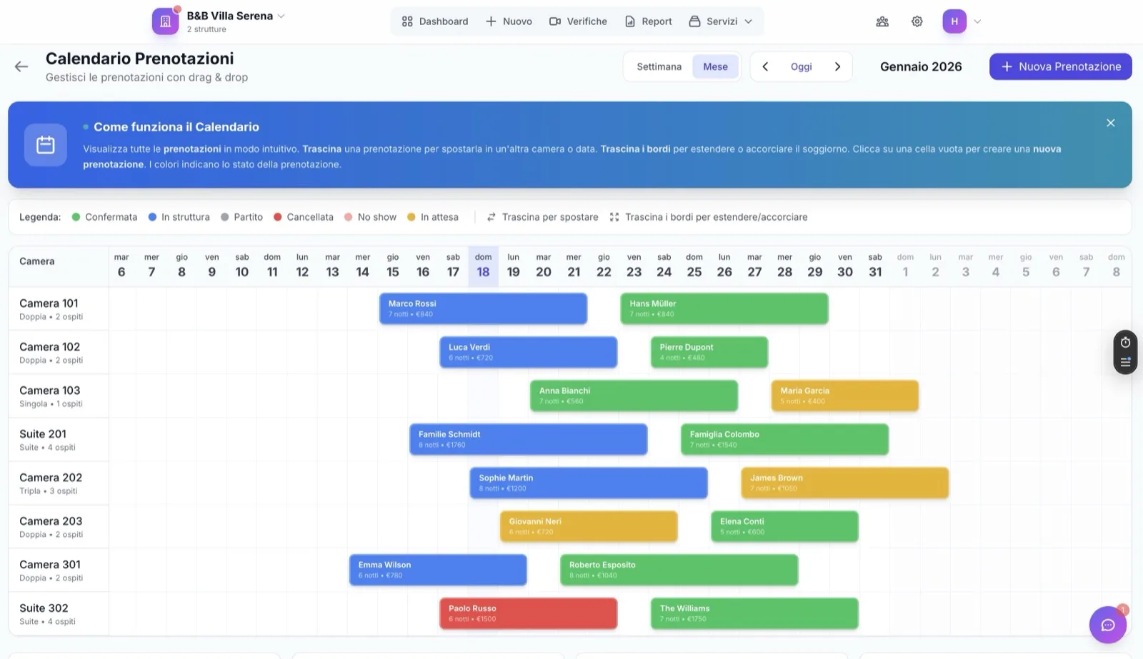 Calendario prenotazioni PMS CheckIn Facile