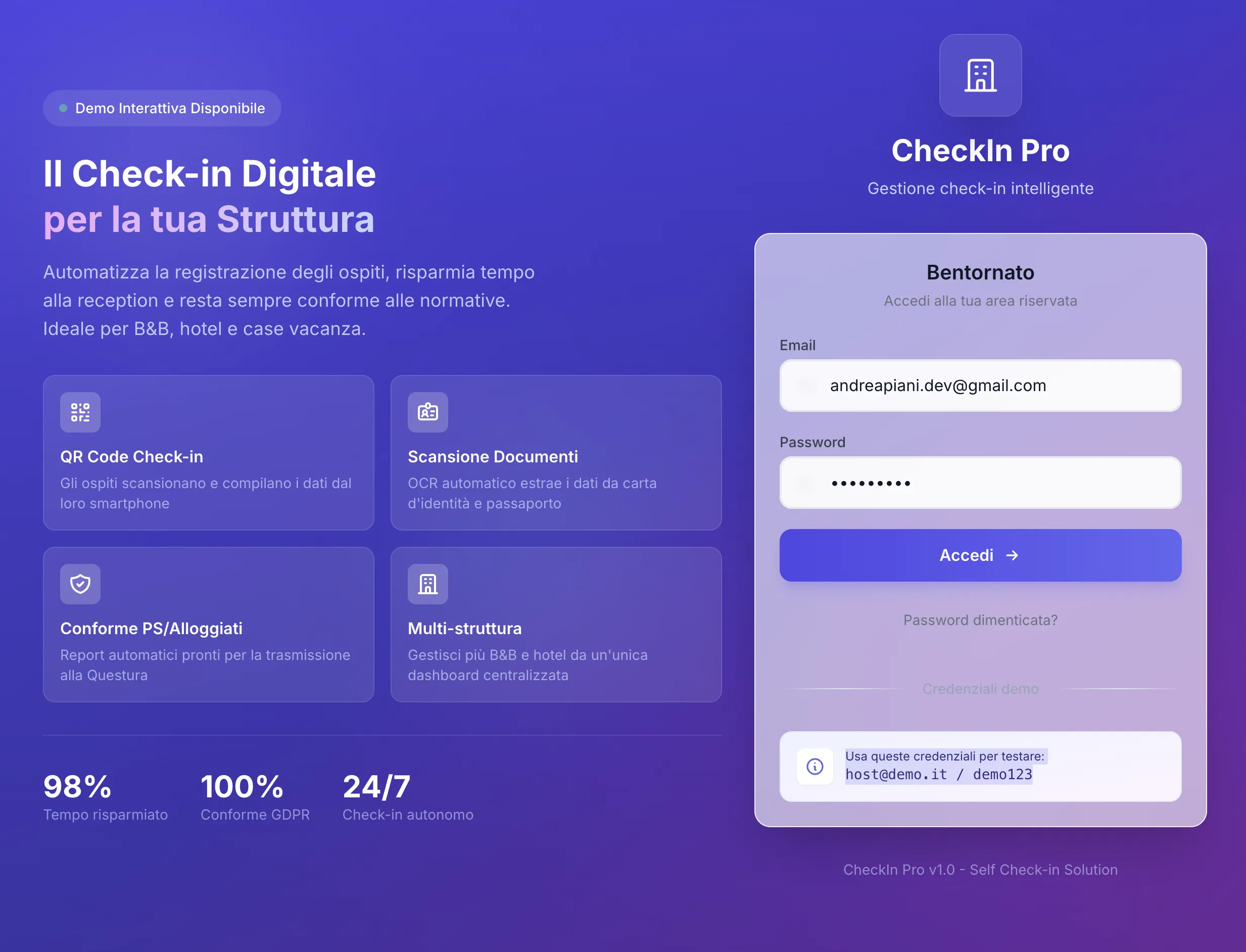 Software check-in online per hotel e B&B Italia - Schermata login con funzionalità QR code, OCR documenti e report Questura Alloggiati Web
