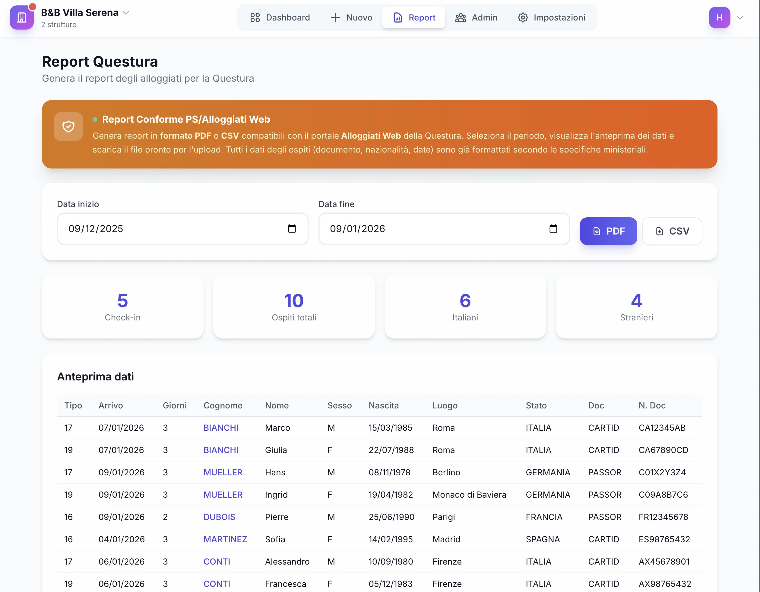 Report Questura Alloggiati Web - Export PDF CSV dati ospiti per Polizia di Stato conforme Decreto Sicurezza