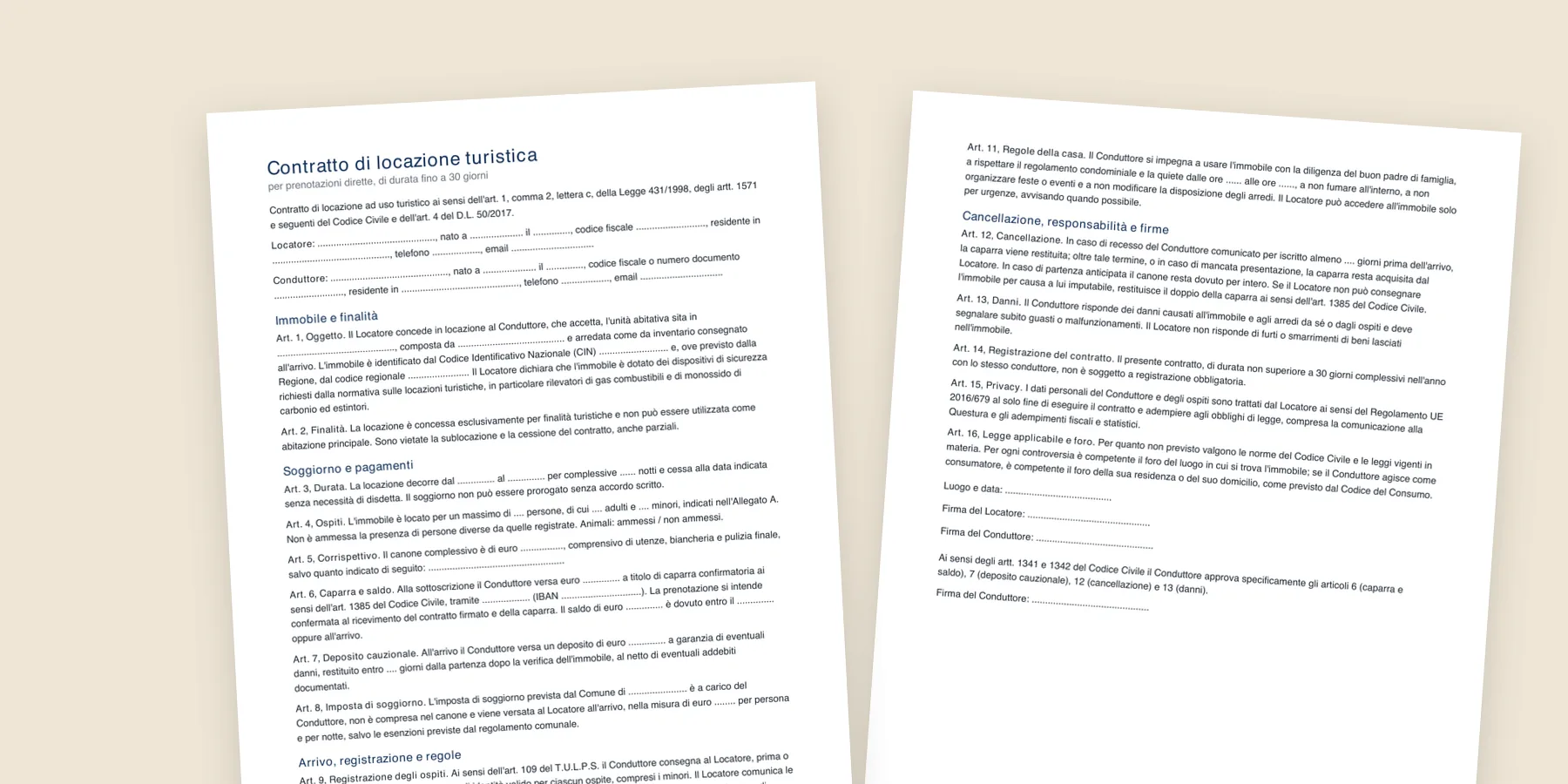 Anteprima del fac simile di contratto di locazione turistica CheckIn Facile: prima e seconda pagina del contratto