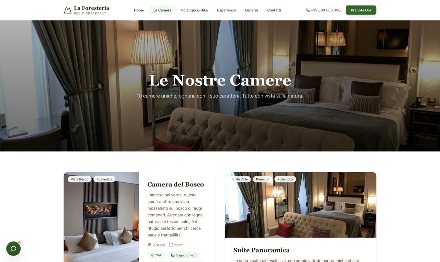 Pagina camere del sito web per struttura ricettiva con schede stanze