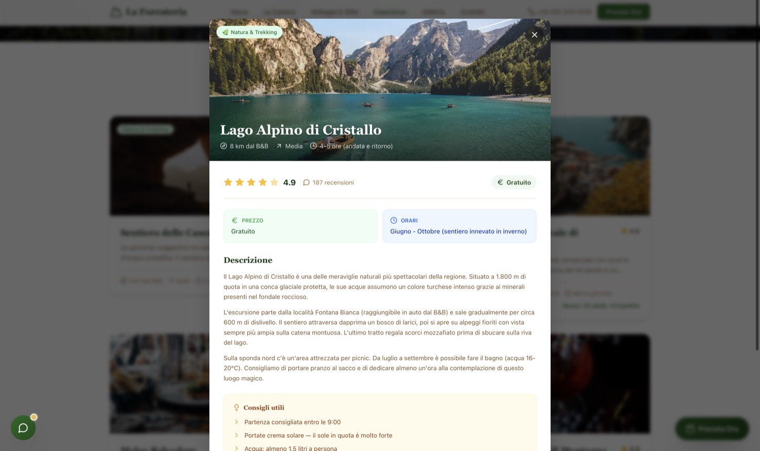 Sezione esperienze e punti di interesse del territorio nel sito del B&B
