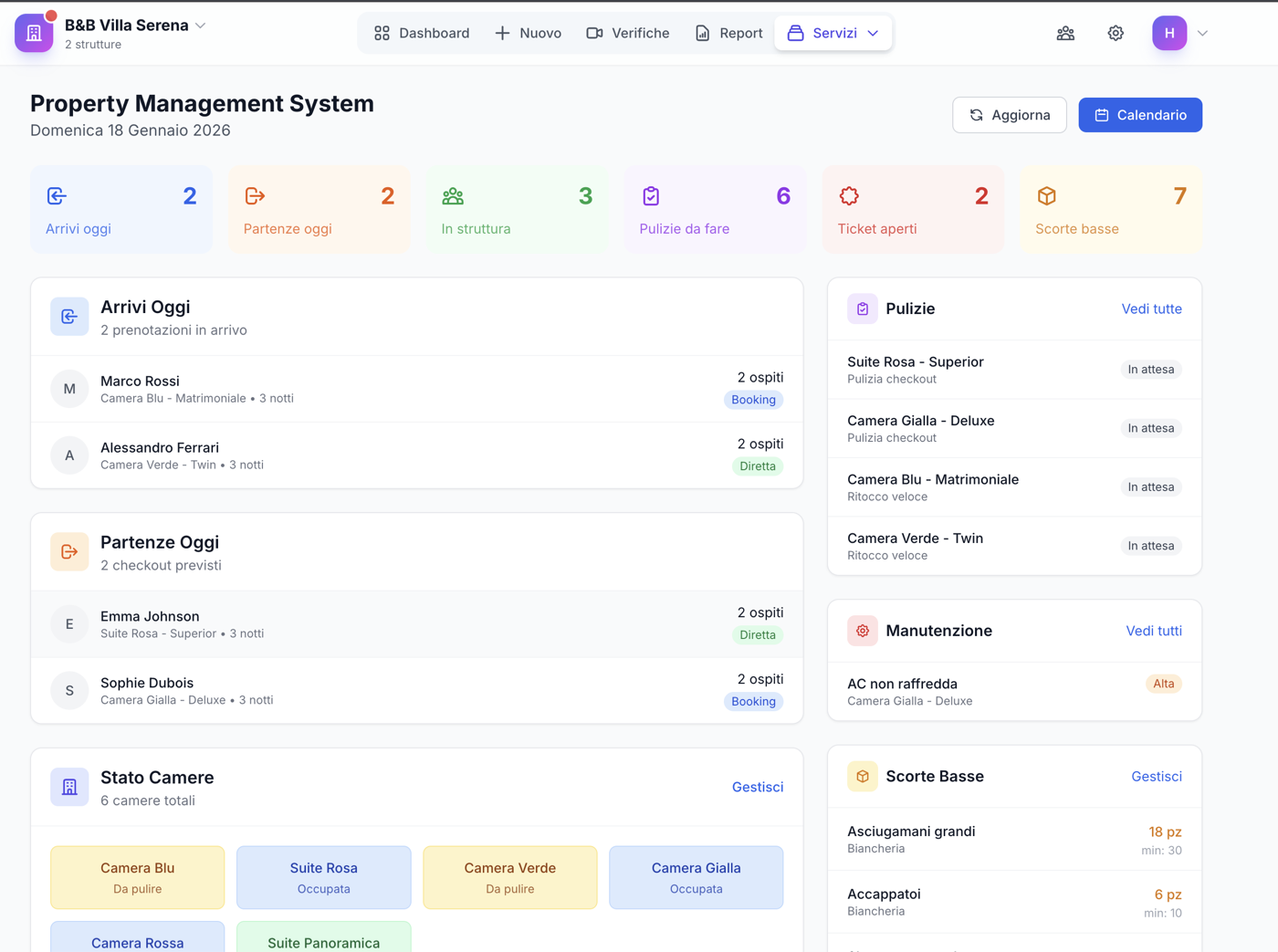 Dashboard PMS Property Management System - Gestione prenotazioni, calendario, housekeeping, inventario e manutenzione